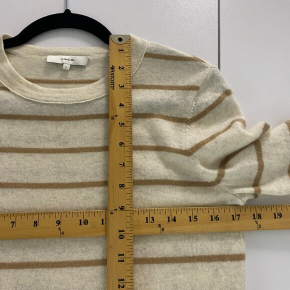 Vince 100% Cashmere Crew Neck Sweater Womens L Beige Tan Stripe Pullover Slim - Picture 8 of 10